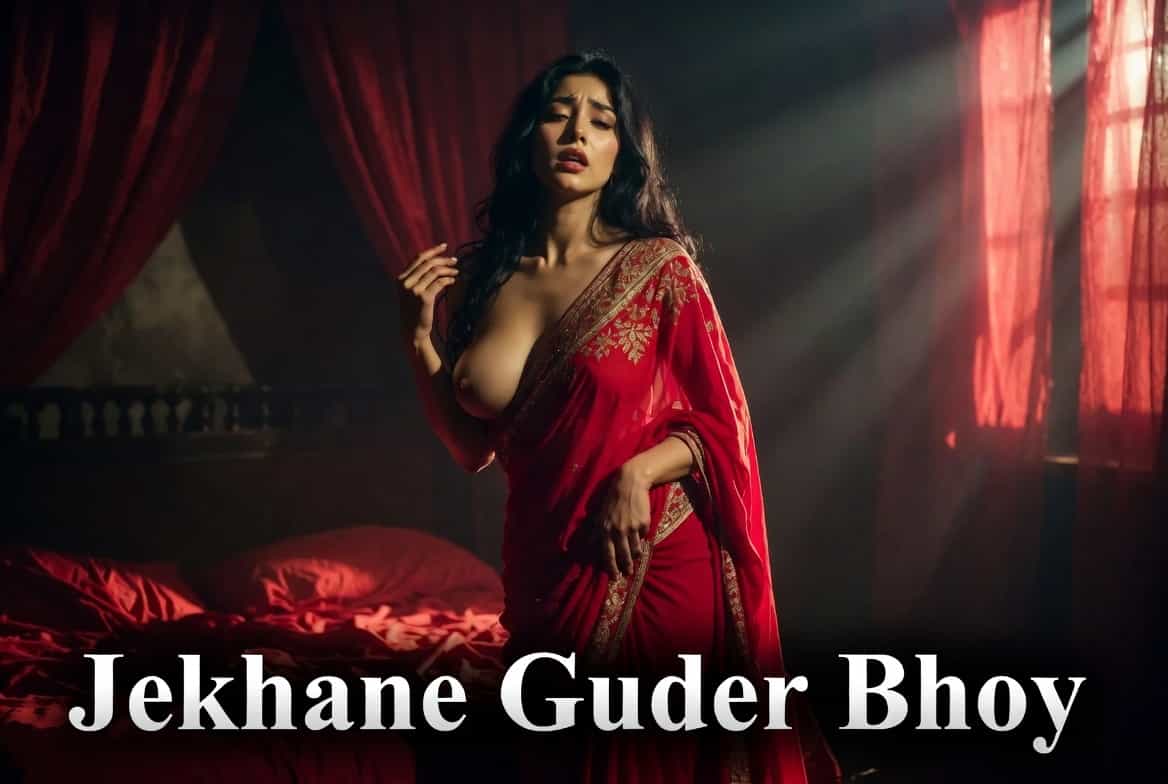 Jekhane Guder Bhoy - Seductive fearful Bengali woman in red saree, dark erotic adult story banner, deshi hot golpo.